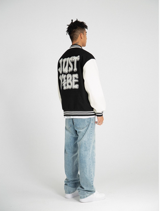 JUST VIBE Terry Embroidered Bone Logo Varsity Jacket | Face 3 Face