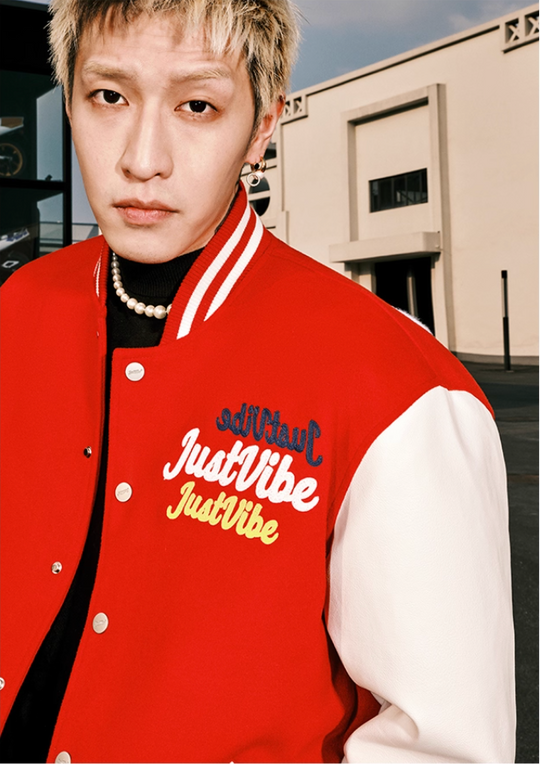 JUST VIBE Terry Multicolor Logo PU Leather Varsity Jacket | Face 3 Face