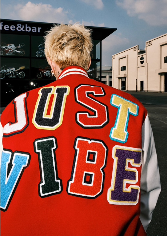 JUST VIBE Terry Multicolor Logo PU Leather Varsity Jacket | Face 3 Face