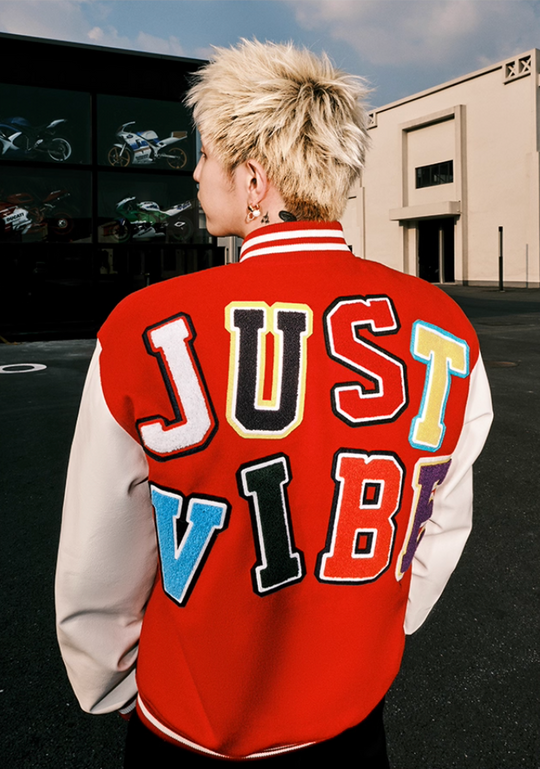 JUST VIBE Terry Multicolor Logo PU Leather Varsity Jacket | Face 3 Face