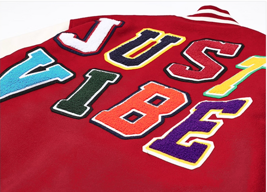 JUST VIBE Terry Multicolor Logo PU Leather Varsity Jacket | Face 3 Face