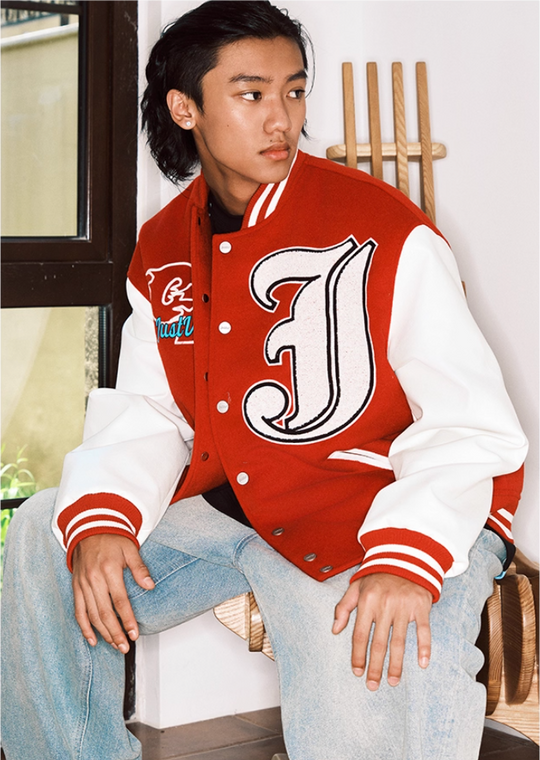 JUST VIBE Terry Big JV Logo PU Leather Varsity Jacket | Face 3 Face