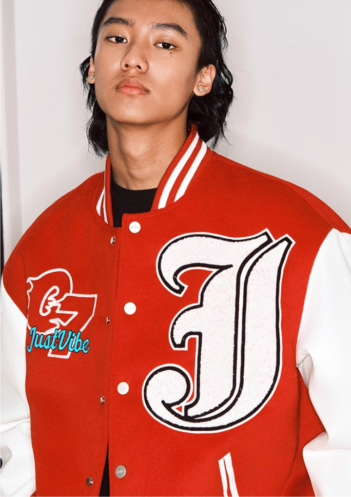 JUST VIBE Terry Big JV Logo PU Leather Varsity Jacket | Face 3 Face