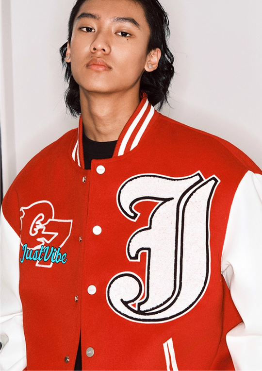 JUST VIBE Terry Big JV Logo PU Leather Varsity Jacket | Face 3 Face