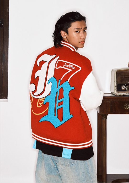 JUST VIBE Terry Big JV Logo PU Leather Varsity Jacket | Face 3 Face