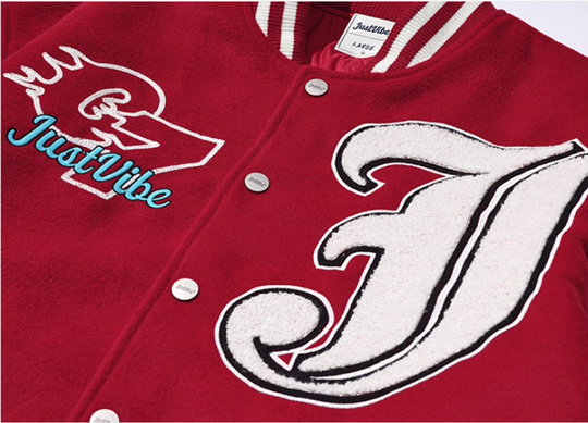 JUST VIBE Terry Big JV Logo PU Leather Varsity Jacket | Face 3 Face