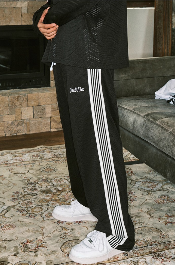 JUST VIBE Double Layer Mesh Side Stripe Track Pants | Face 3 Face