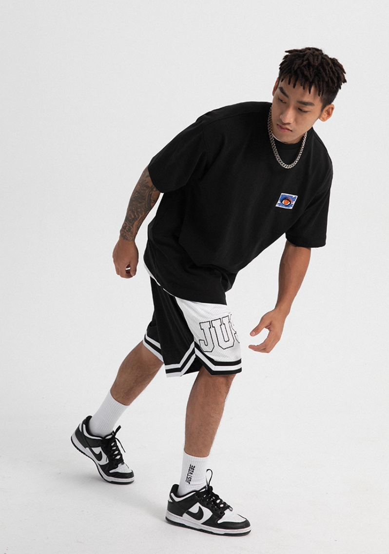JUST VIBE Black White Asymmetric Mesh Basketball Shorts | Face 3 Face