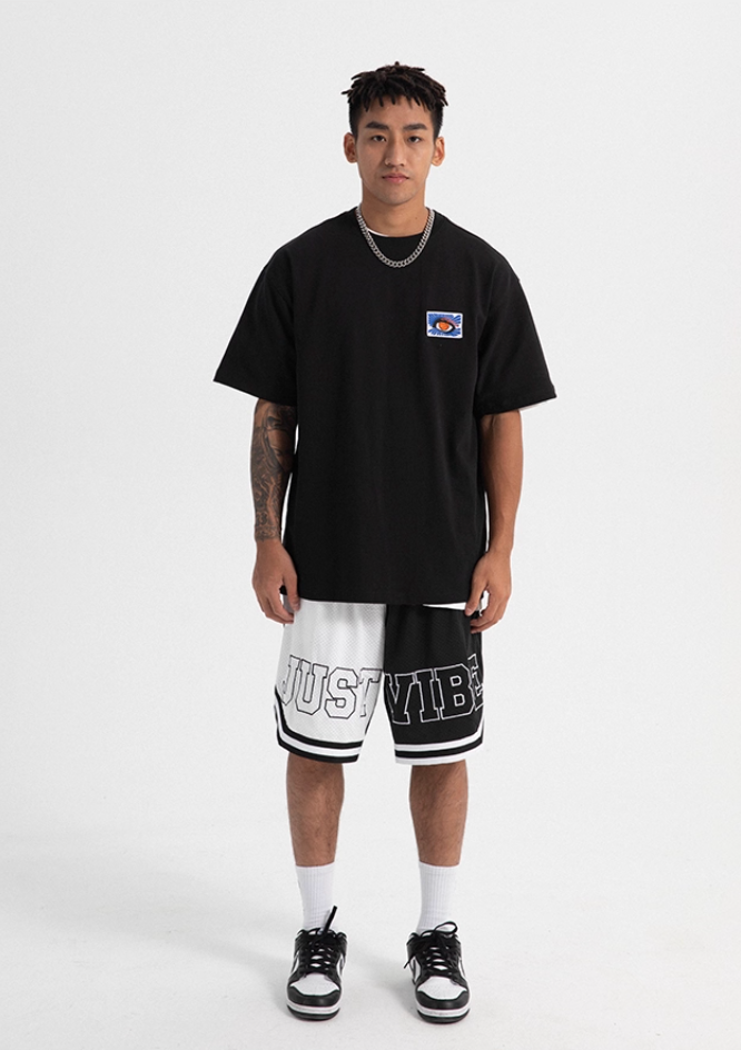 JUST VIBE Black White Asymmetric Mesh Basketball Shorts | Face 3 Face