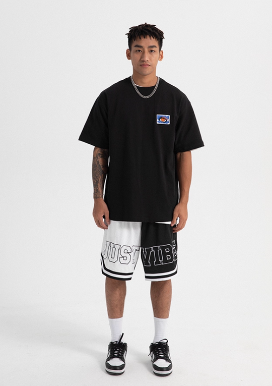 JUST VIBE Black White Asymmetric Mesh Basketball Shorts | Face 3 Face