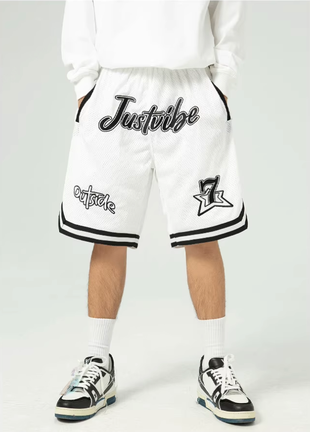 JUST VIBE Patch Embroidered Mesh Basketball Shorts | Face 3 Face