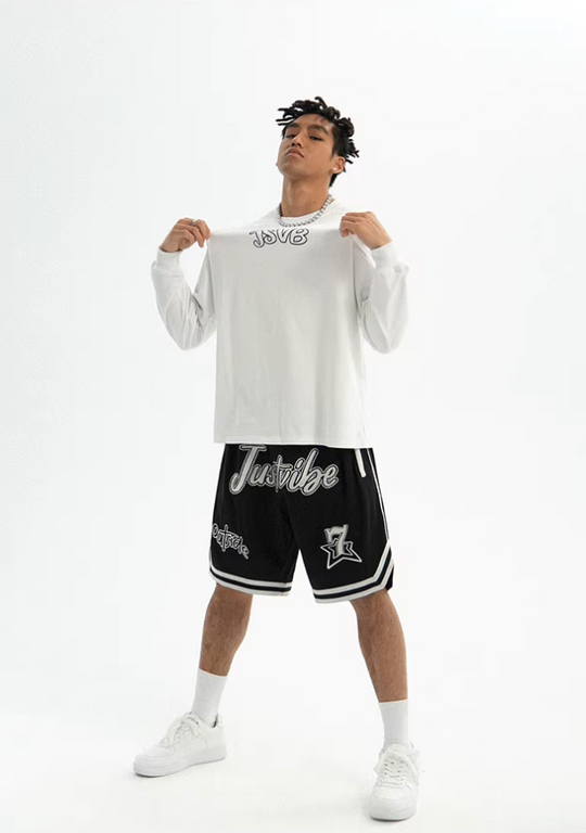 JUST VIBE Patch Embroidered Mesh Basketball Shorts | Face 3 Face