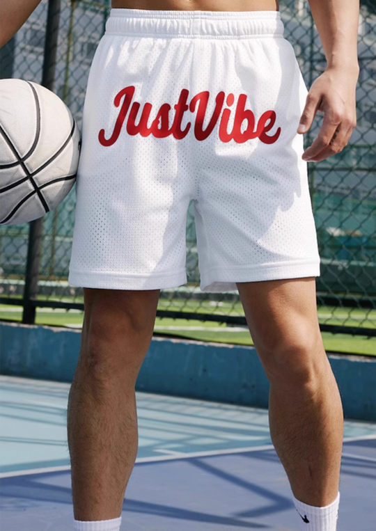 JUST VIBE Basic Logo Printed Mesh Basketball Shorts | Face 3 Face