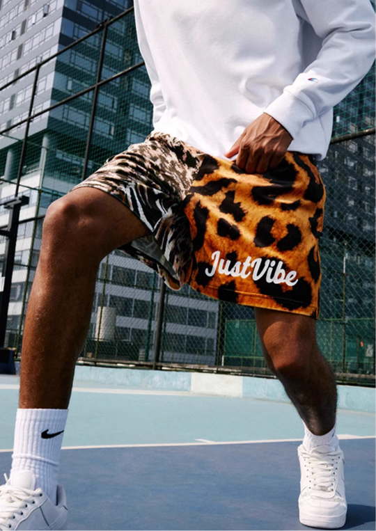 JUST VIBE Asymmetric Leopard Mesh Basketball Shorts | Face 3 Face
