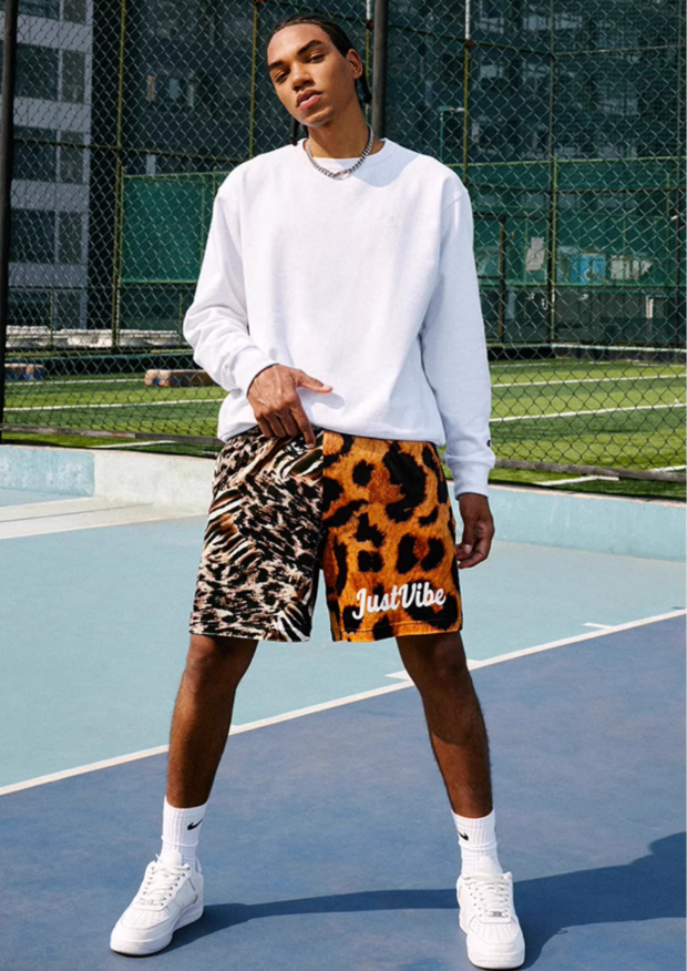 JUST VIBE Asymmetric Leopard Mesh Basketball Shorts | Face 3 Face