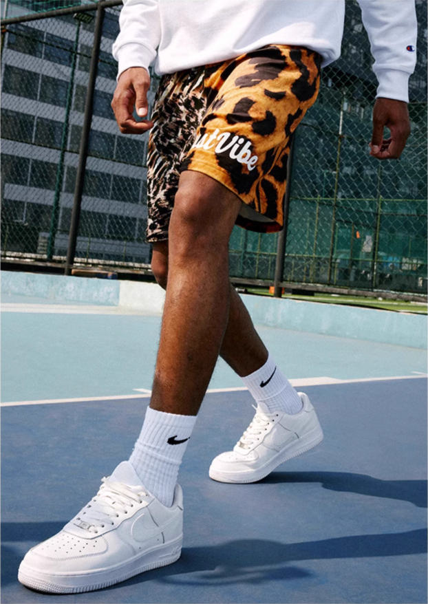 JUST VIBE Asymmetric Leopard Mesh Basketball Shorts | Face 3 Face