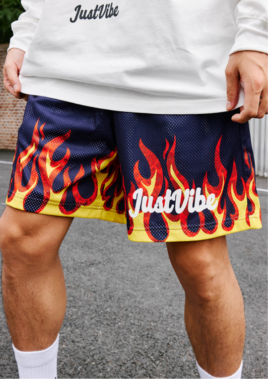 JUST VIBE Flame Mesh Basketball Shorts | Face 3 Face