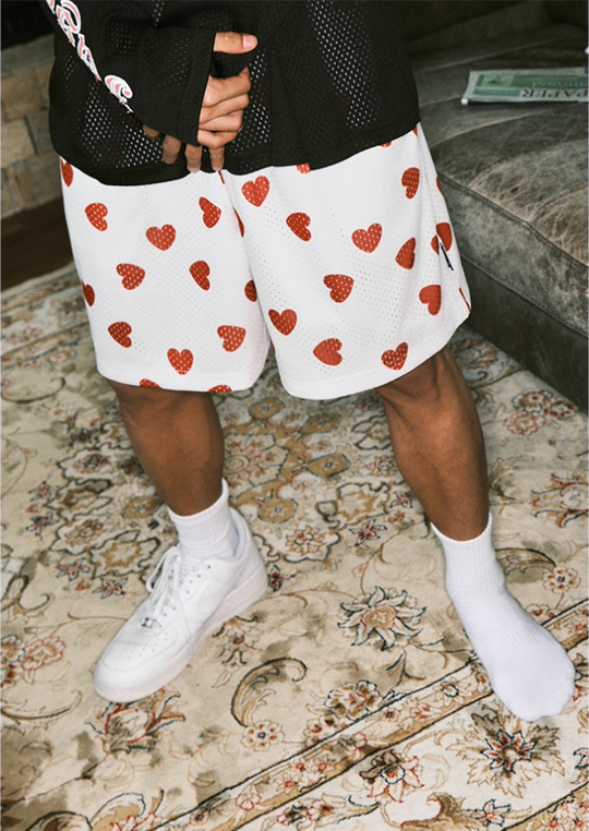 JUST VIBE Allover Love Heart Print Mesh Basketball Shorts | Face 3 Face