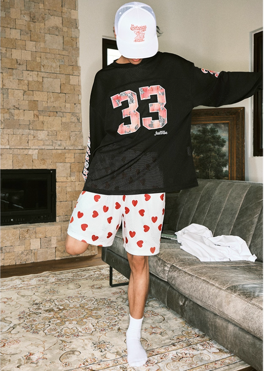 JUST VIBE Allover Love Heart Print Mesh Basketball Shorts | Face 3 Face