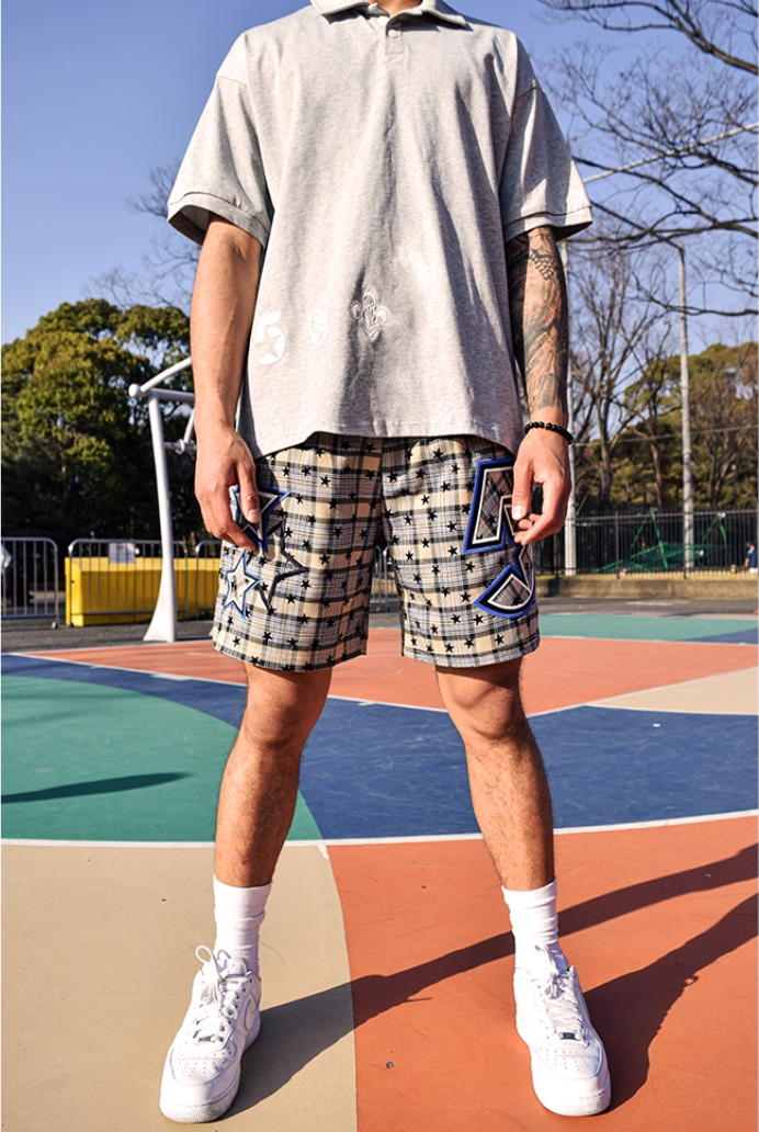JUST VIBE Plaid Star Print Mesh Basketball Shorts | Face 3 Face