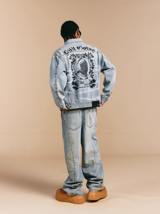1807 Still Going Vintage Print Wash Denim Jacket | Face 3 Face