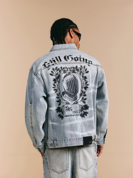 1807 Still Going Vintage Print Wash Denim Jacket | Face 3 Face