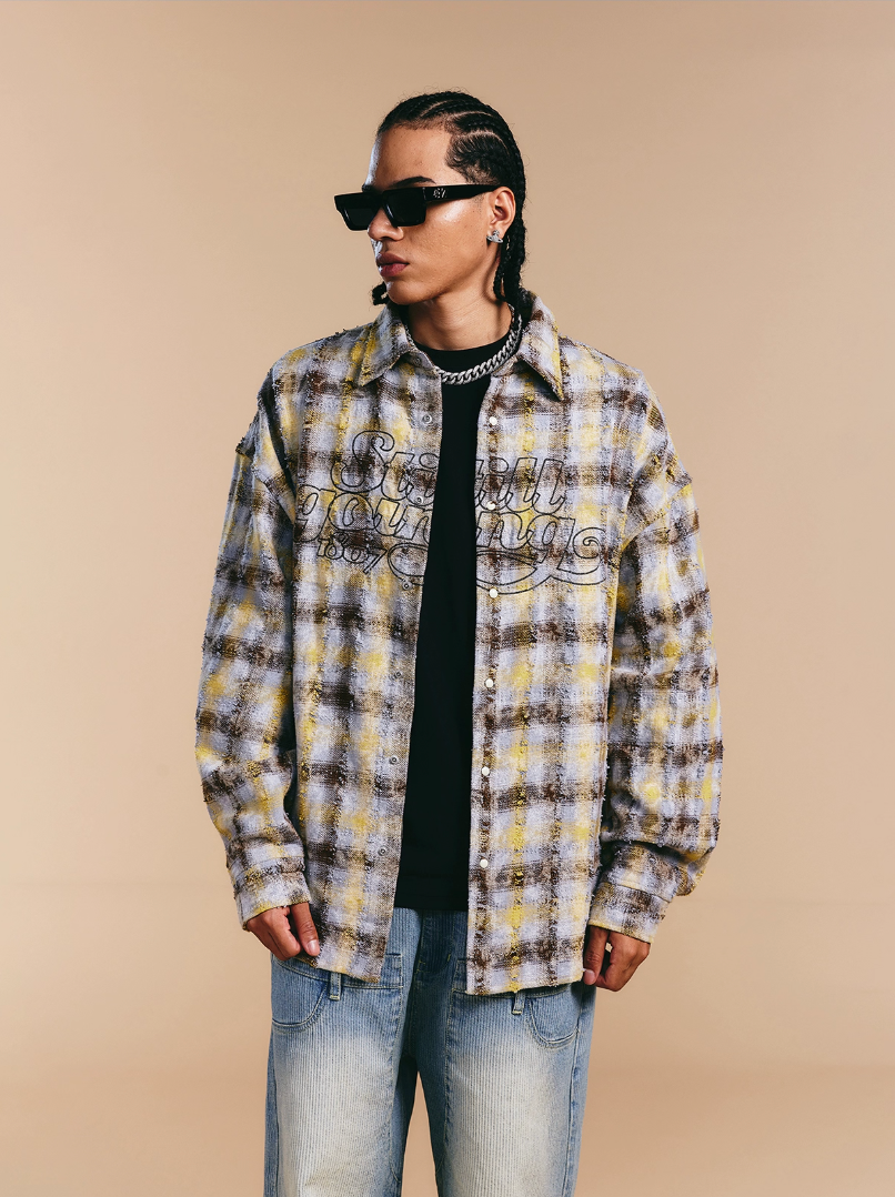 1807 Chain Embroidery Plaid Long Sleeve Shirt | Face 3 Face
