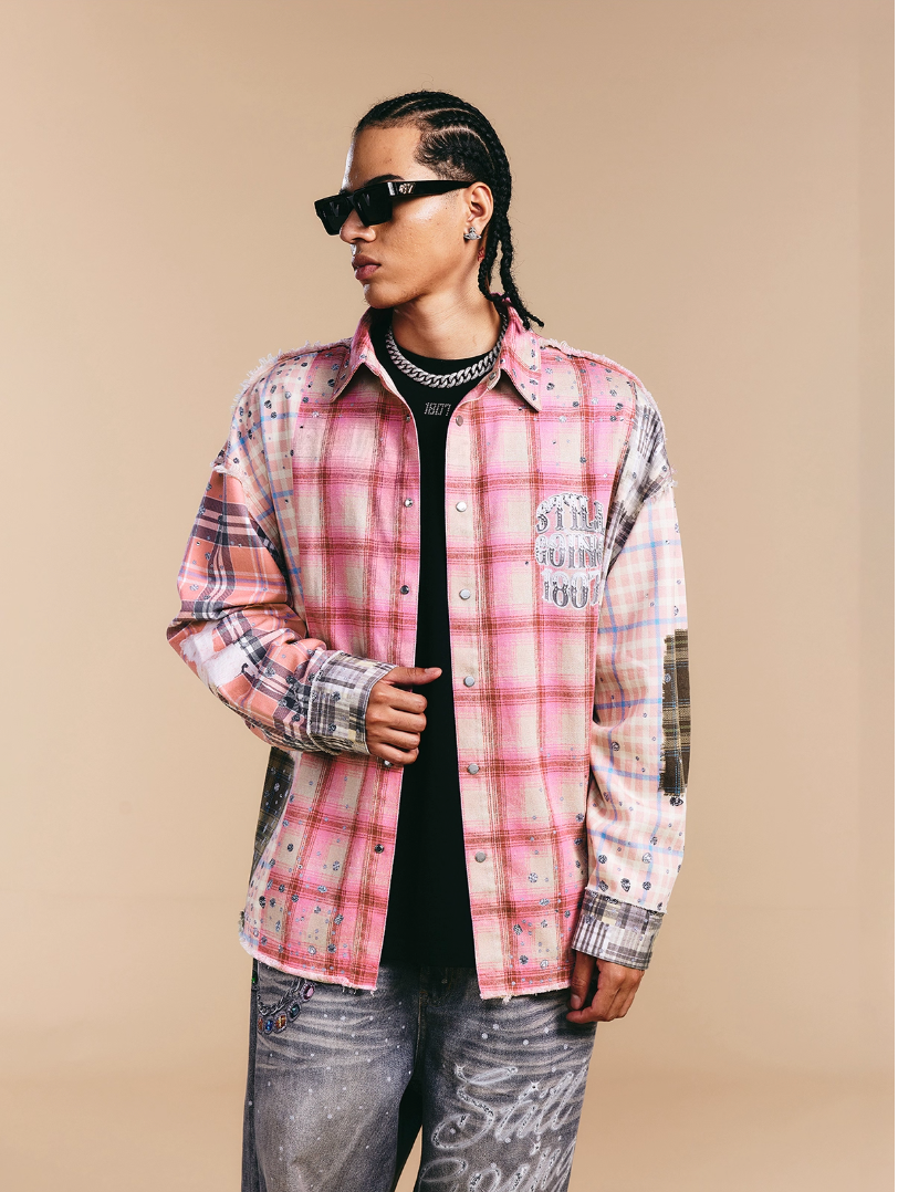 1807 Swarovski Crystal Diamond Plaid Long Sleeve Shirt | Face 3 Face