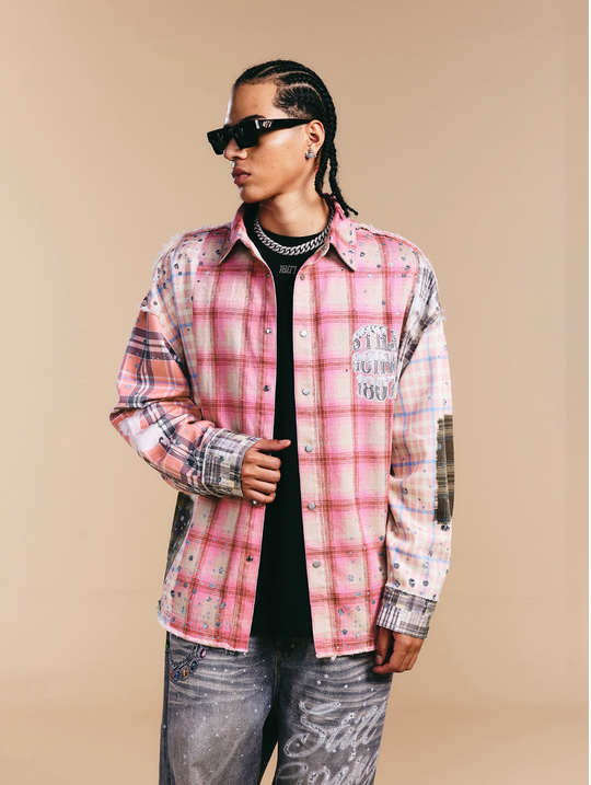 1807 Swarovski Crystal Diamond Plaid Long Sleeve Shirt | Face 3 Face