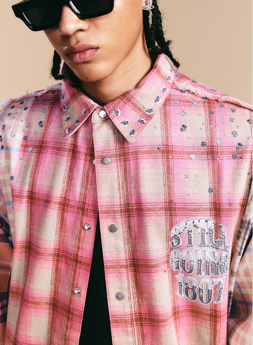 1807 Swarovski Crystal Diamond Plaid Long Sleeve Shirt | Face 3 Face