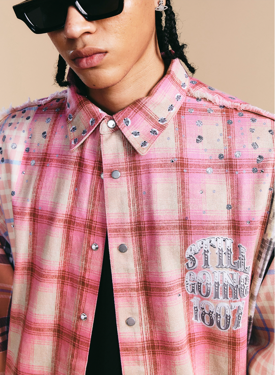 1807 Swarovski Crystal Diamond Plaid Long Sleeve Shirt | Face 3 Face