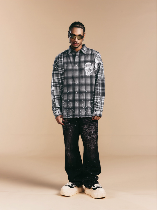 1807 Swarovski Crystal Diamond Plaid Long Sleeve Shirt | Face 3 Face