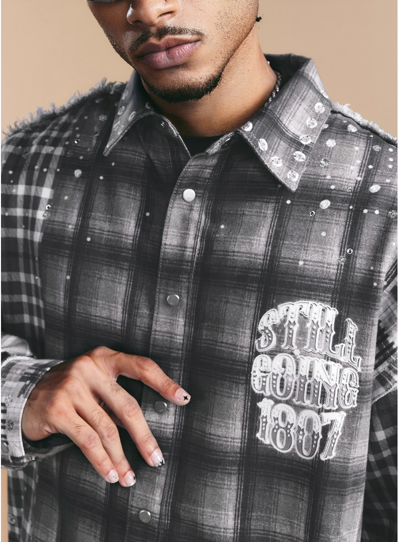 1807 Swarovski Crystal Diamond Plaid Long Sleeve Shirt | Face 3 Face