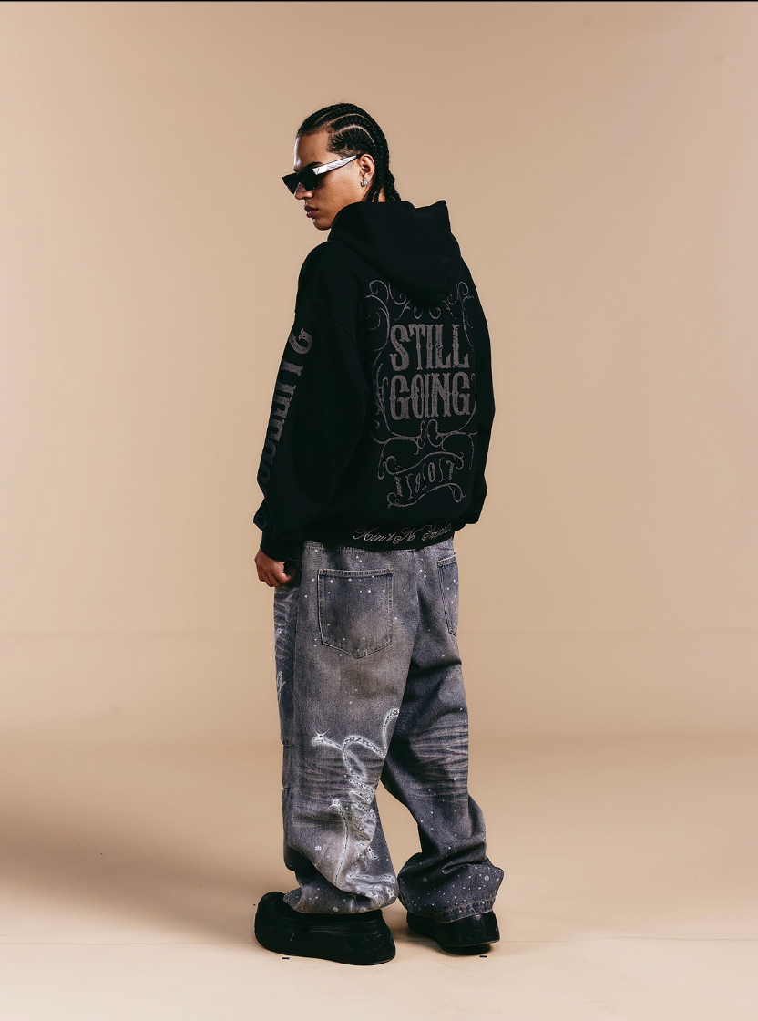 1807 Swarovski Crystal Diamond Washed Zip Up Hoodie | Face 3 Face