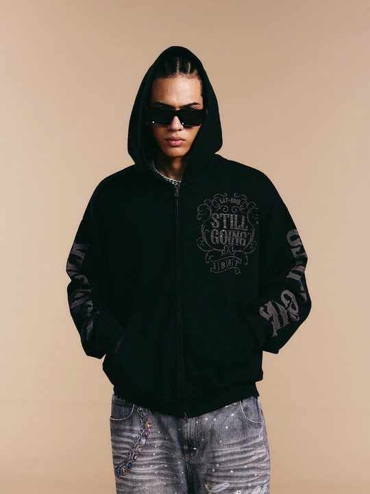 1807 Swarovski Crystal Diamond Washed Zip Up Hoodie | Face 3 Face