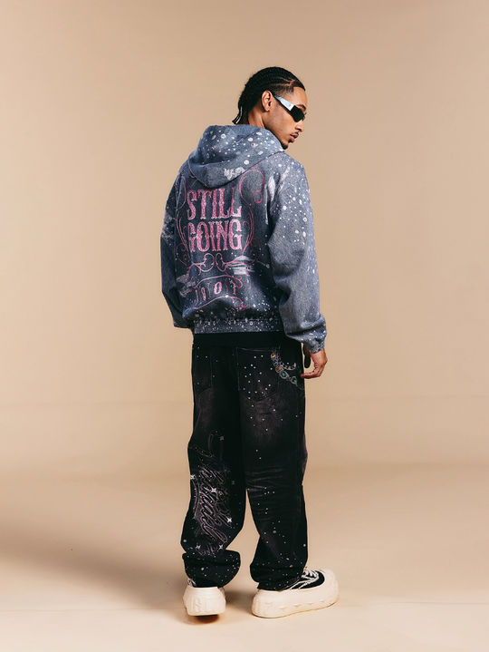 1807 Swarovski Crystal Diamond Denim Zip Up Hoodie | Face 3 Face