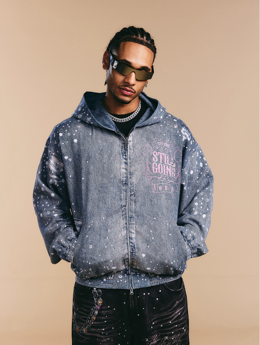 1807 Swarovski Crystal Diamond Denim Zip Up Hoodie | Face 3 Face