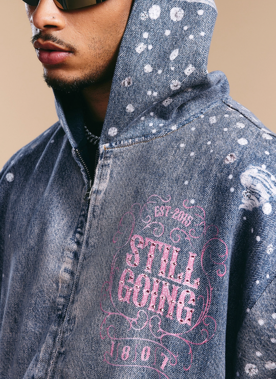 1807 Swarovski Crystal Diamond Denim Zip Up Hoodie | Face 3 Face