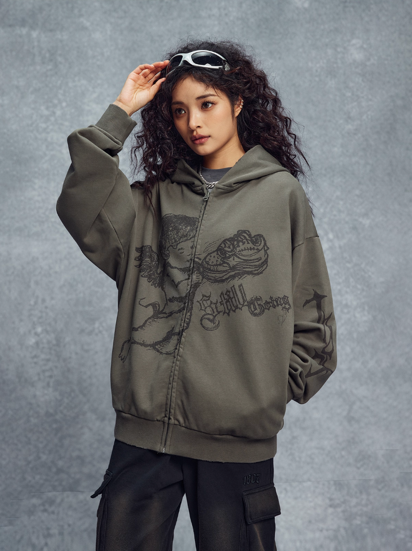 1807 Graffiti Angel Print Zip Up Hoodie | Face 3 Face