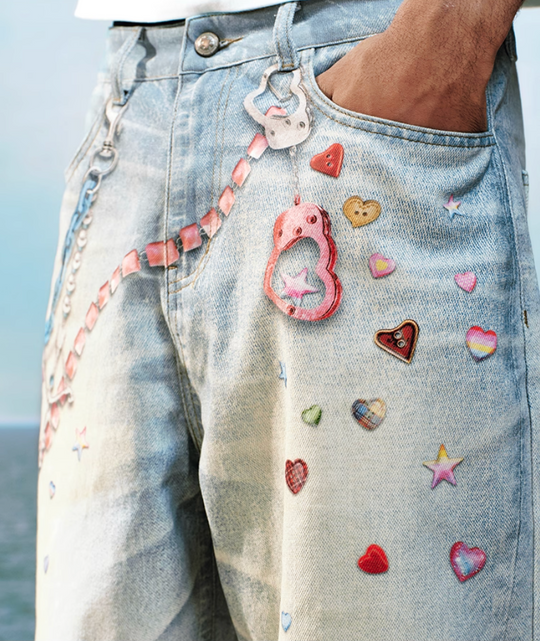 YADcrew Cute Heart Photorealistic Print Jeans | Face 3 Face