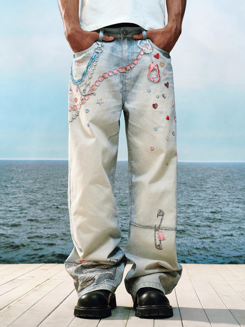 YADcrew Cute Heart Photorealistic Print Jeans | Face 3 Face