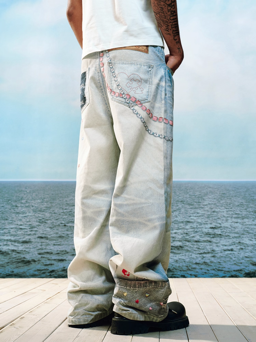 YADcrew Cute Heart Photorealistic Print Jeans | Face 3 Face