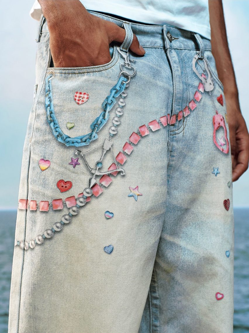 YADcrew Cute Heart Photorealistic Print Jeans | Face 3 Face