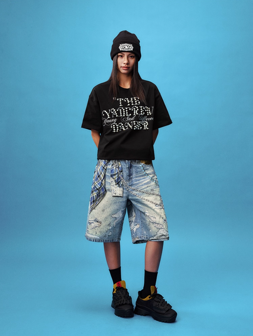 YADcrew Plaid Shirt Chain Photorealistic Print Denim Shorts | Face 3 Face