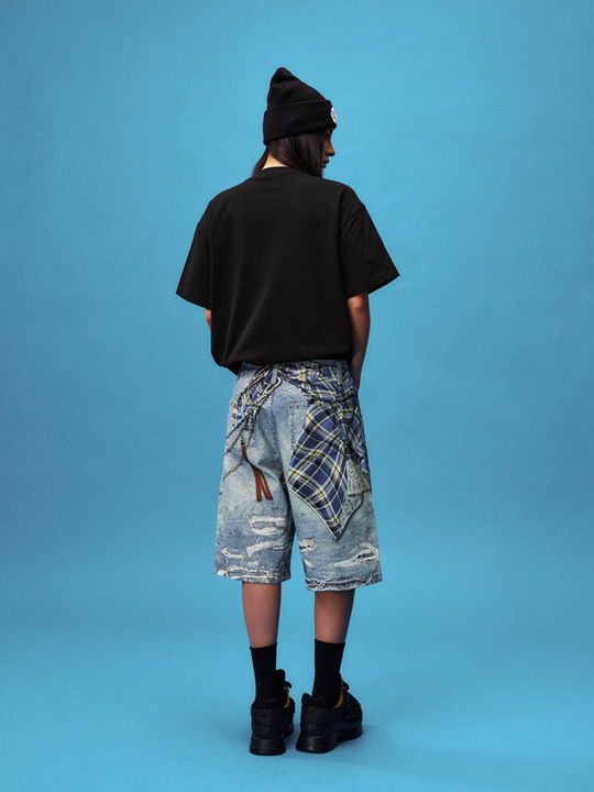 YADcrew Plaid Shirt Chain Photorealistic Print Denim Shorts | Face 3 Face