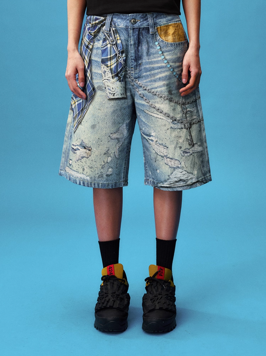 YADcrew Plaid Shirt Chain Photorealistic Print Denim Shorts | Face 3 Face