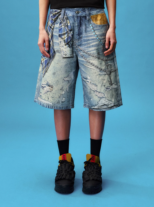 YADcrew Plaid Shirt Chain Photorealistic Print Denim Shorts | Face 3 Face