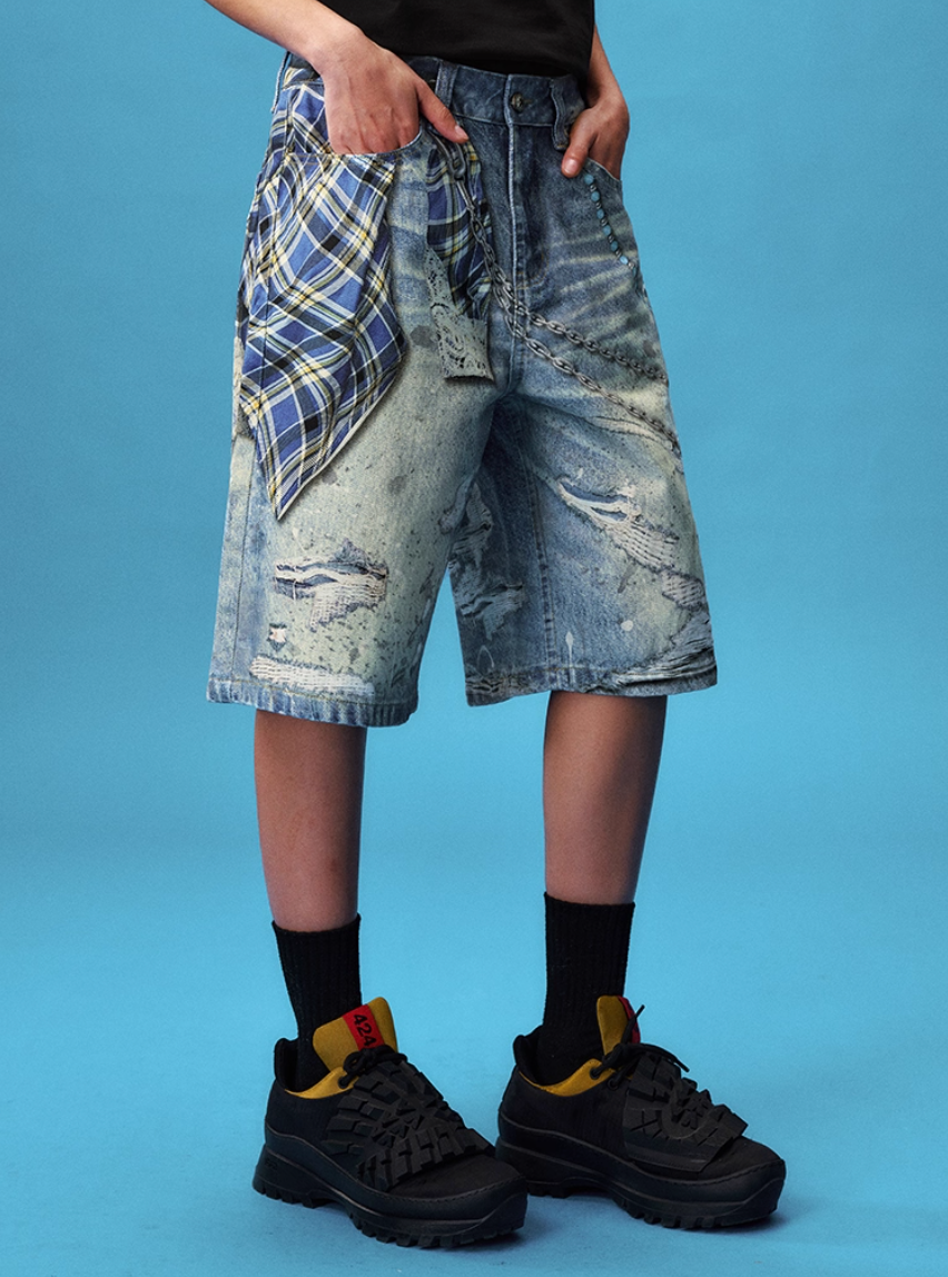 YADcrew Plaid Shirt Chain Photorealistic Print Denim Shorts | Face 3 Face