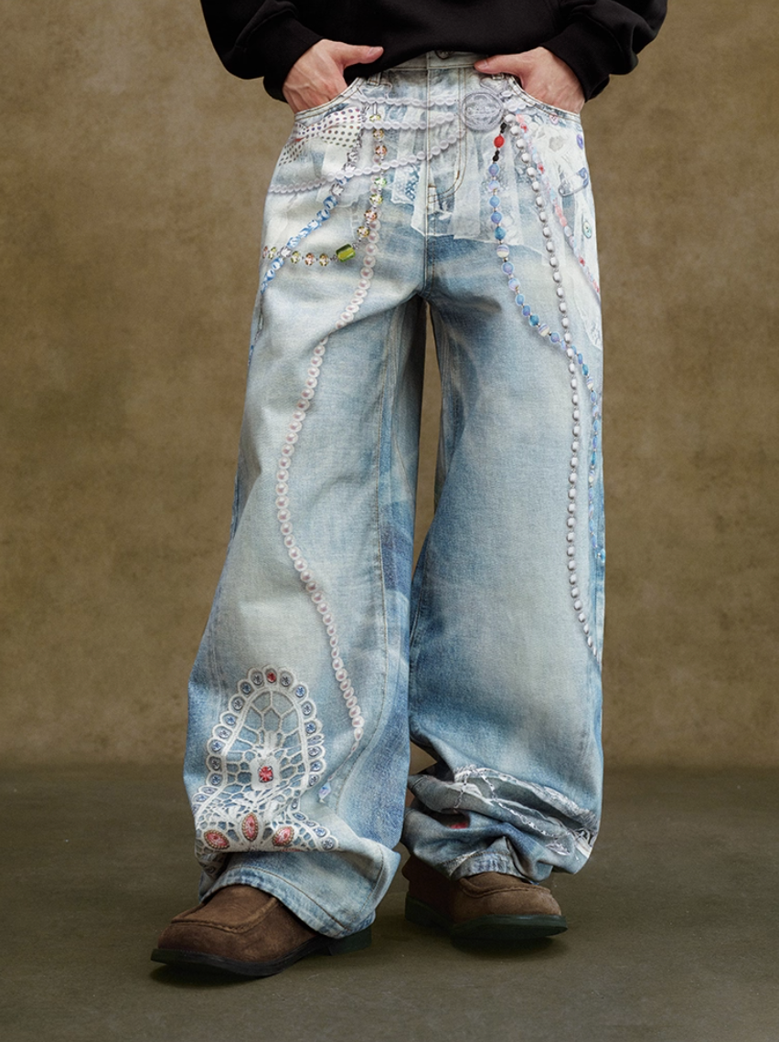 YADcrew Lace Color Bead Chain Photorealistic Print Jeans | Face 3 Face