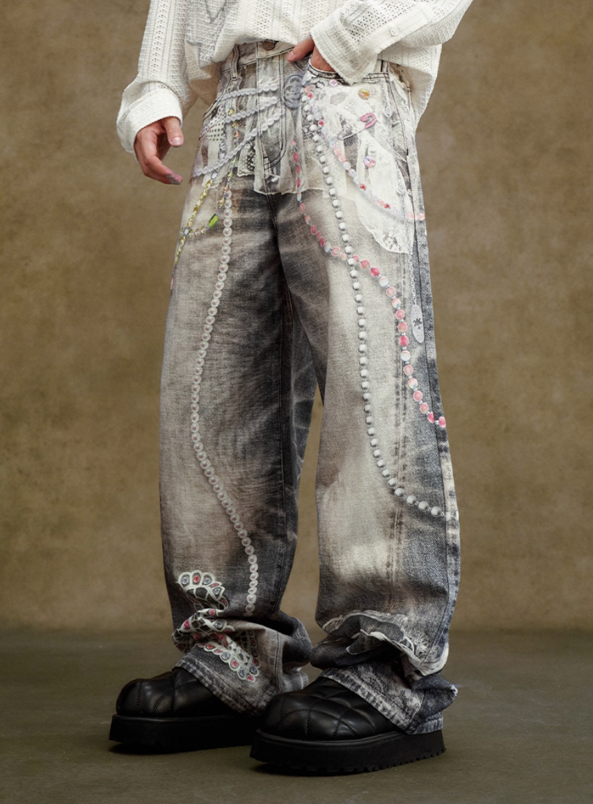 YADcrew Lace Color Bead Chain Photorealistic Print Jeans | Face 3 Face